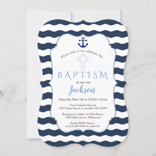 Chic Baptême Nautique Vagues Ancre Invitation