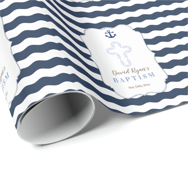 Chic Baptisse Nautical Navy Waves Anker Geschenkpapier (Rolleneckpunkt)
