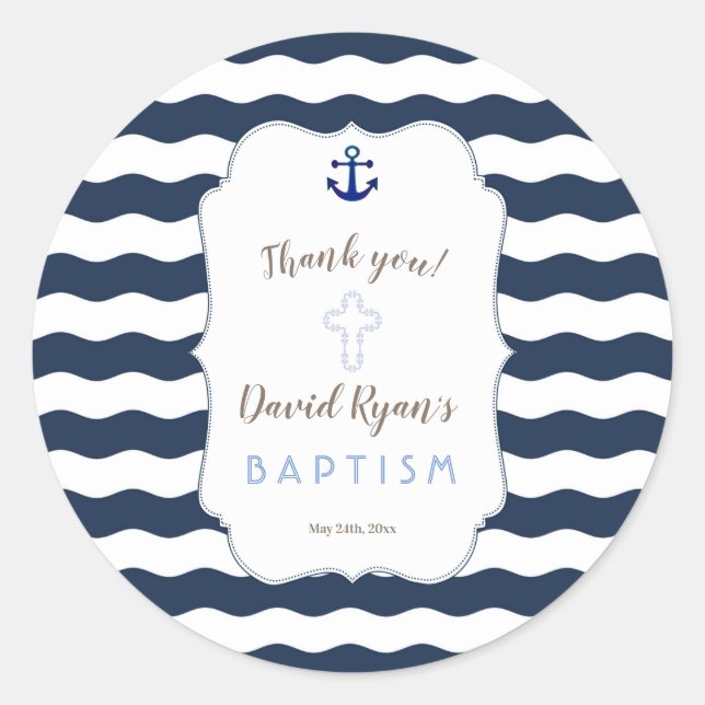 Chic Baptisse Nautical Navy Waves Anker Runder Aufkleber (Vorderseite)
