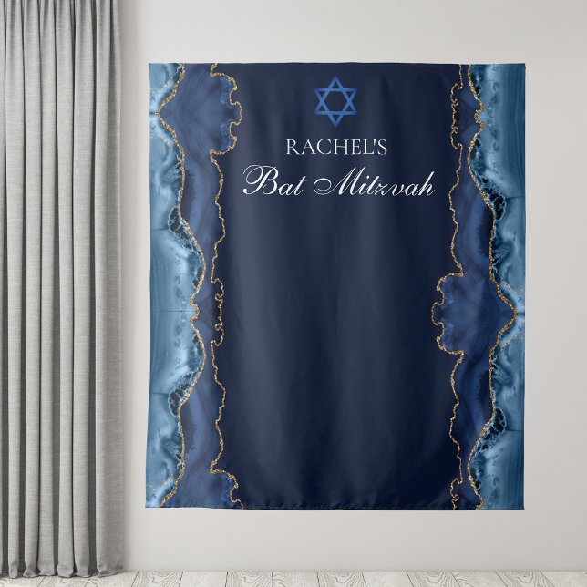 Chic Bat Mitzvah Party Navy Blue Gold Foto Booth Wandteppich (Von Creator hochgeladen)