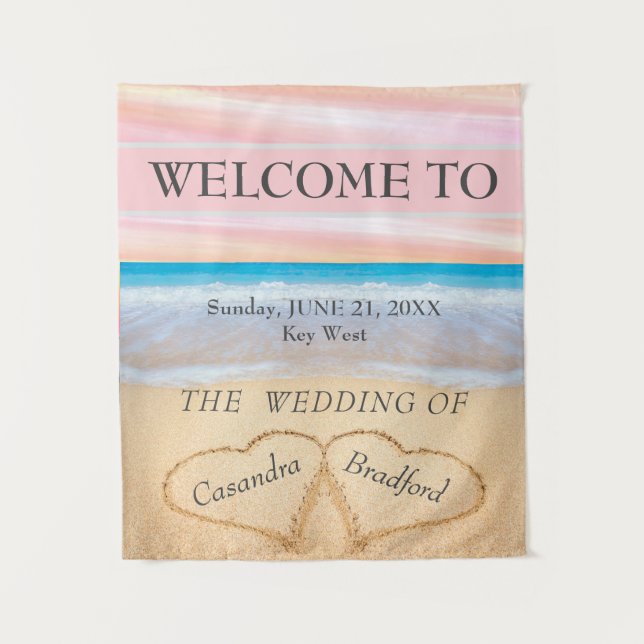 Chic Beach Hochzeit 2 Herz im Sand Wandteppich (Vorderseite)