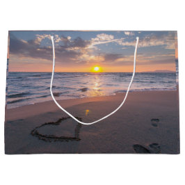 Chic Beach Sunset Herz in Sand Große Geschenktüte