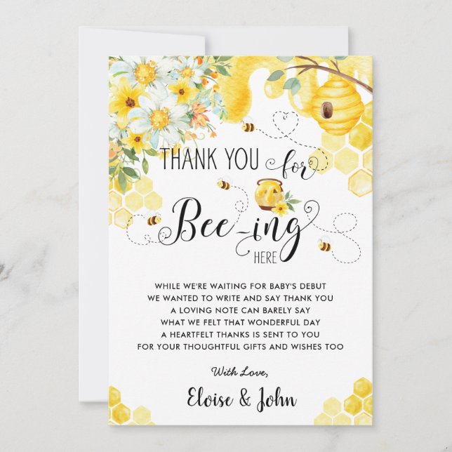 Chic Bees Bee Yellow Ivory Floral Baby Dusche   Dankeskarte (Vorderseite)