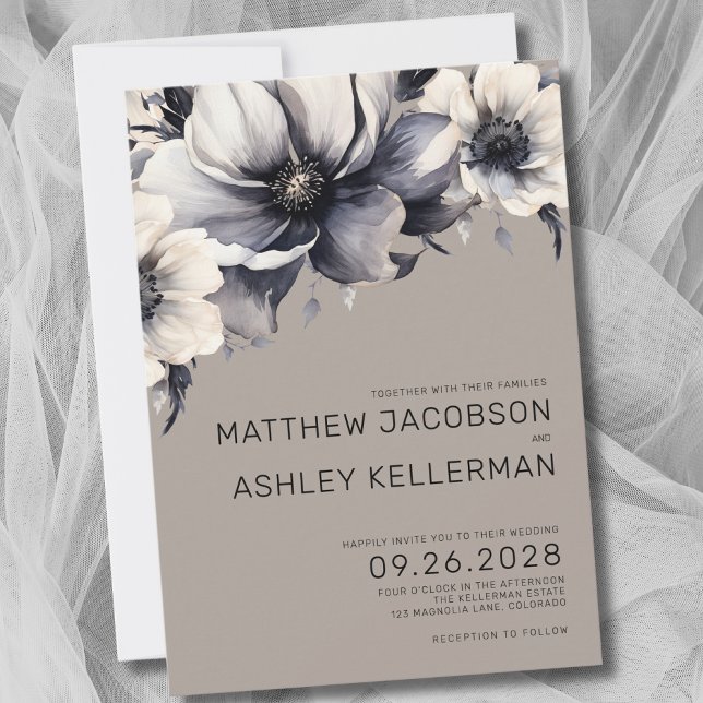 Chic Beige Boho Schwarz-weiß neutrale Blumenhochze Einladung (Chic Neutral Boho Black White Beige Floral Wedding Invitation)