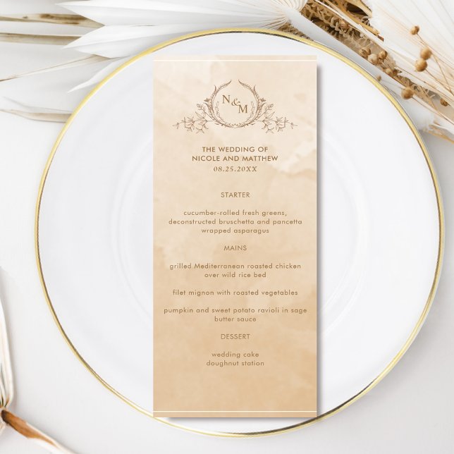 Chic Beige Cream Watercolor, Monogram Wedding Menu Menükarte (Von Creator hochgeladen)