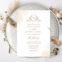 Chic Beige Cream Watercolor Stain Monogram Wedding