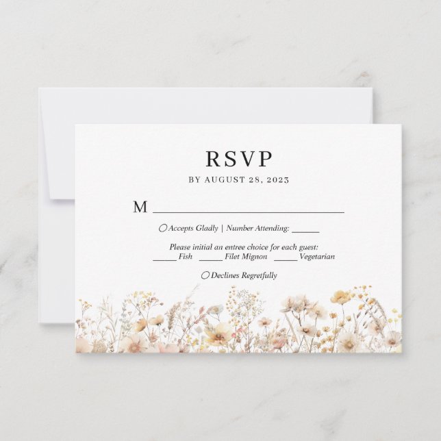 Chic Beige Meadow Wildblume Menü Wahl Hochzeit RSVP Karte (Vorderseite)