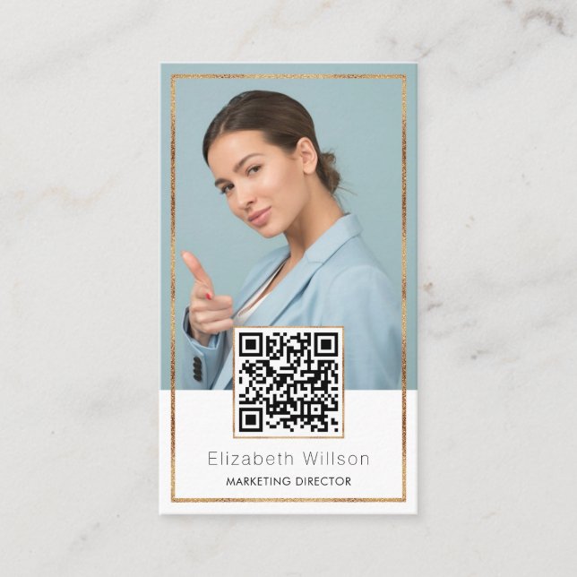 Chic Beruflich QR Code Gold Glitzer Frame Foto Visitenkarte (Vorderseite)