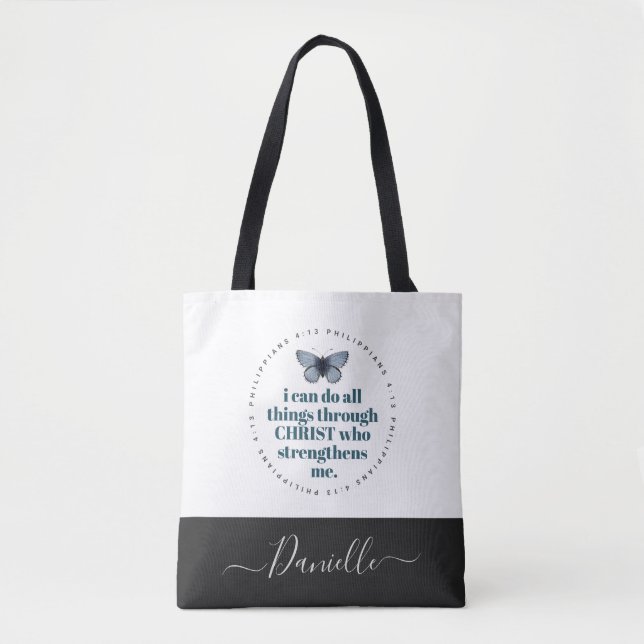 Chic Bible Verse Philippians Blue Butterfly Name Tasche (Vorderseite)