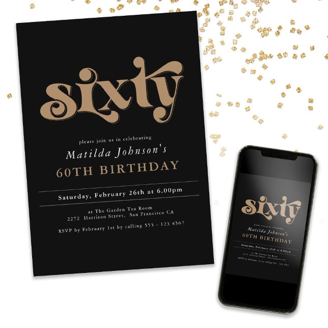 Chic Black and Gold 60th Birthday Party Invitation (Chic Black and Gold 60th Birthday Party Invitation)