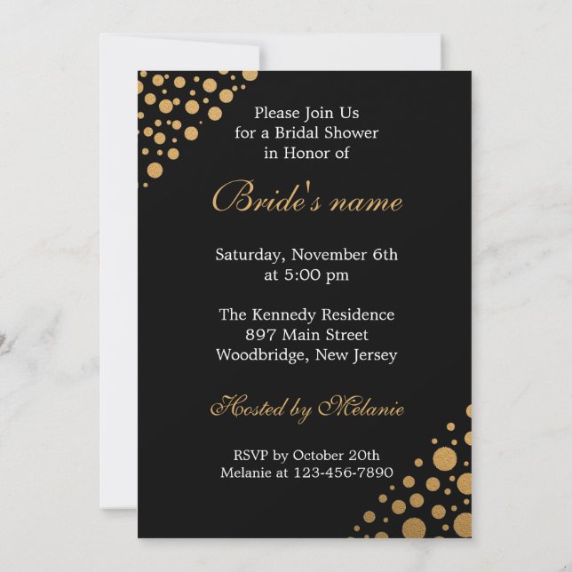 Chic Black and Gold Dots Brautparty Einladung (Rückseite)