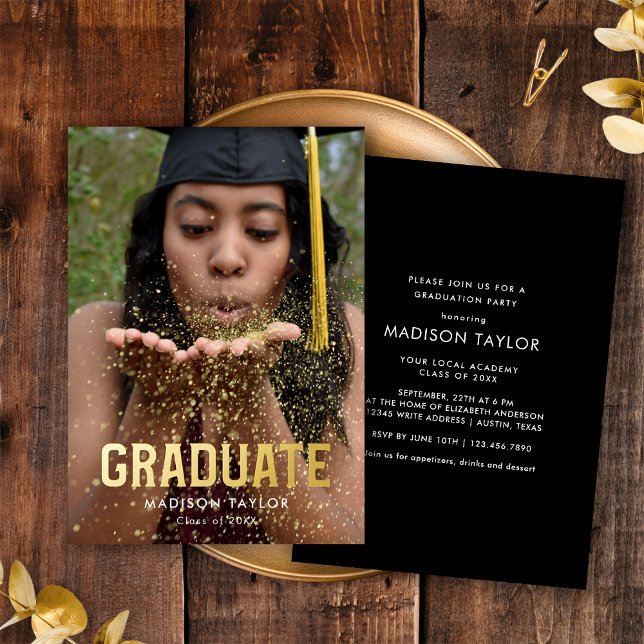 Chic Black and Gold Foil Foto Graduation Party Folieneinladung (Von Creator hochgeladen)