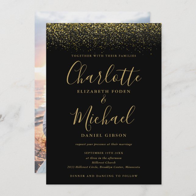 Chic Black and Gold Glitzer Script Foto Hochzeit Einladung (Vorne/Hinten)