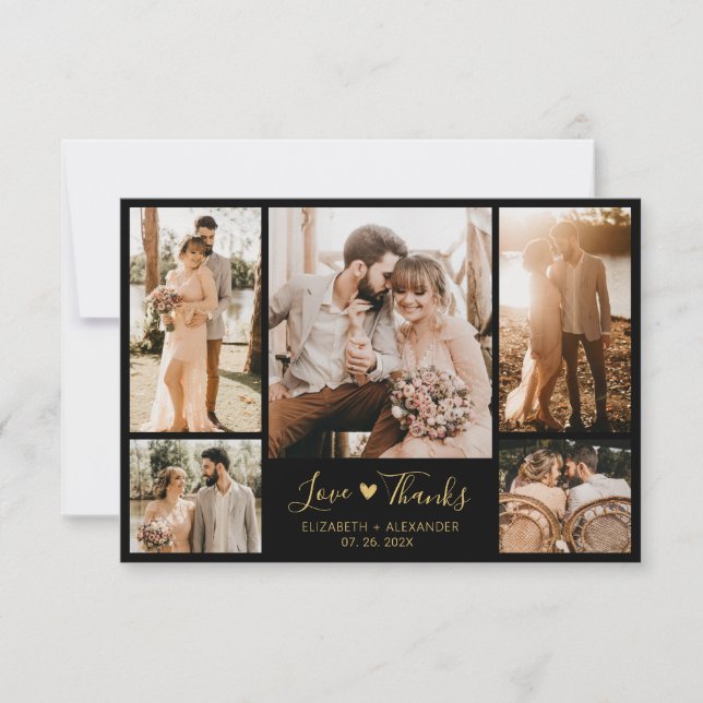 Chic Black and Gold Script Foto Collage Wedding Dankeskarte (Vorderseite)