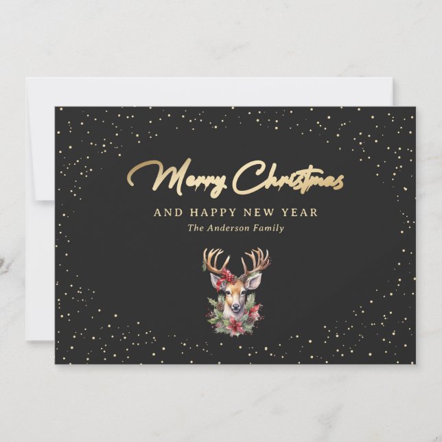 Chic Black and Gold Snow Rentier Frohe Weihnachten (Vorderseite)