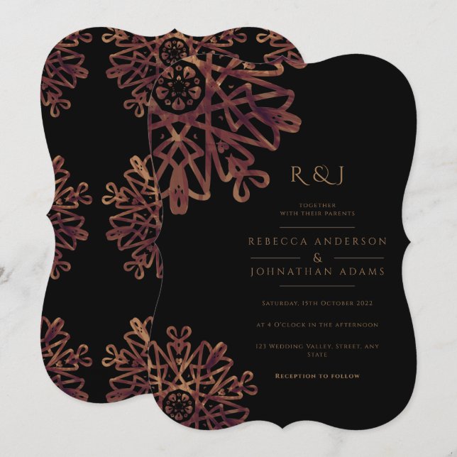 Chic Black and Golden Ornamental Pattern Wedding Einladung (Vorne/Hinten)