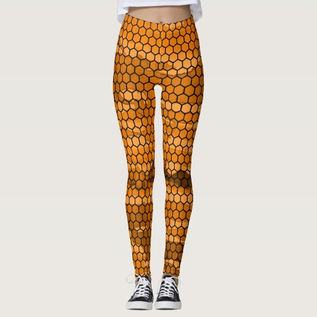 Chic Black and Orange Honeycomb Gemustert Leggings (Vorderseite)