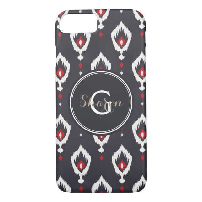 Chic black and red ikat tribal pattern monogram Case-Mate iPhone hülle (Rückseite)