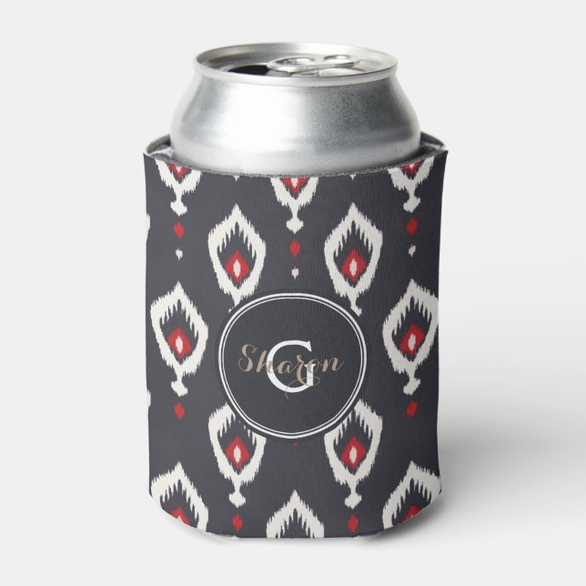 Chic black and red ikat tribal pattern monogram dosenkühler (Kanne Vorderseite)