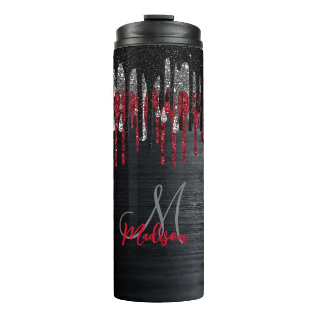 Chic Black and Red Silber Glitzer Tropfen Monogram Thermosbecher (Vorderseite)