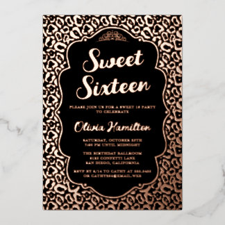 Chic Black and Rose Gold Leopard Sweet 16 Folieneinladung