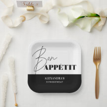 Chic Black and White Bon Appétit Script Geburtstag