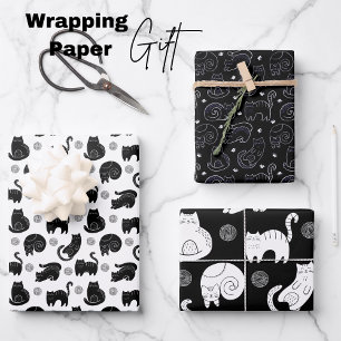 Chic Black and White Cat Moderne Minimalistische F Geschenkpapier Set