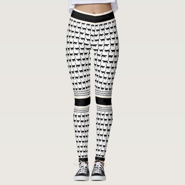 Chic Black and White Cat Print Leggings (Vorderseite)