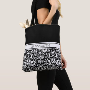 Chic Black and White Damask Personalisiert Totbeut Tasche