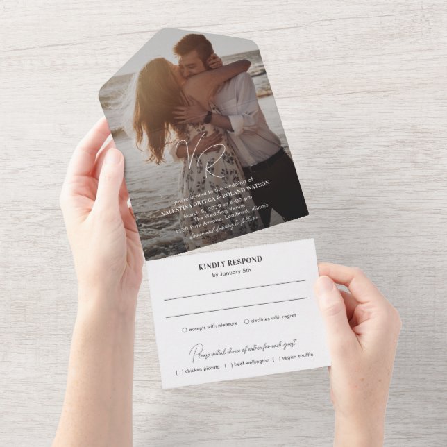 Chic Black and White Foto Moderne Hochzeit All In One Einladung (Abreißen)