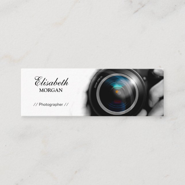 Chic Black and White Fotografy Camera Lens Mini Visitenkarte (Vorderseite)