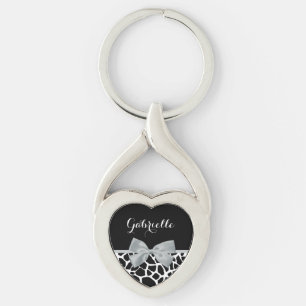 Chic Black and White Giraffe Print Silver Gray Bow Schlüsselanhänger