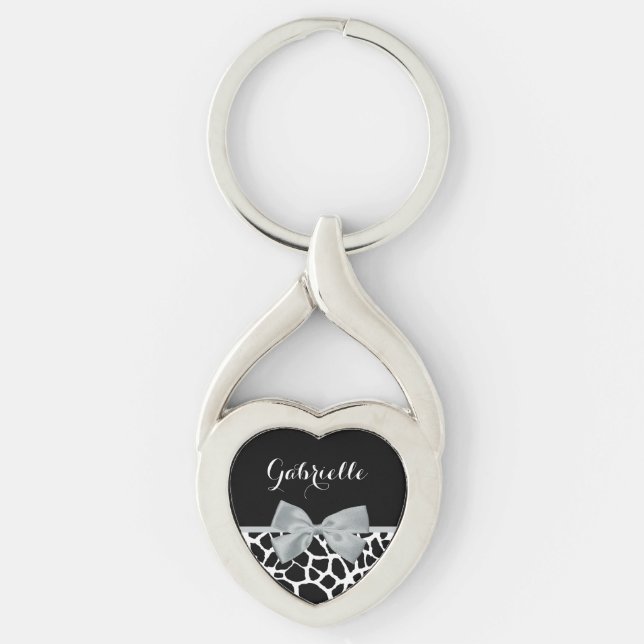 Chic Black and White Giraffe Print Silver Gray Bow Schlüsselanhänger (Vorderseite)