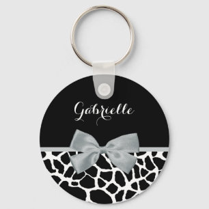 Chic Black and White Giraffe Print Silver Gray Bow Schlüsselanhänger
