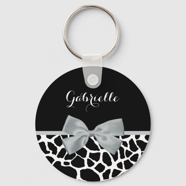 Chic Black and White Giraffe Print Silver Gray Bow Schlüsselanhänger (Vorderseite)