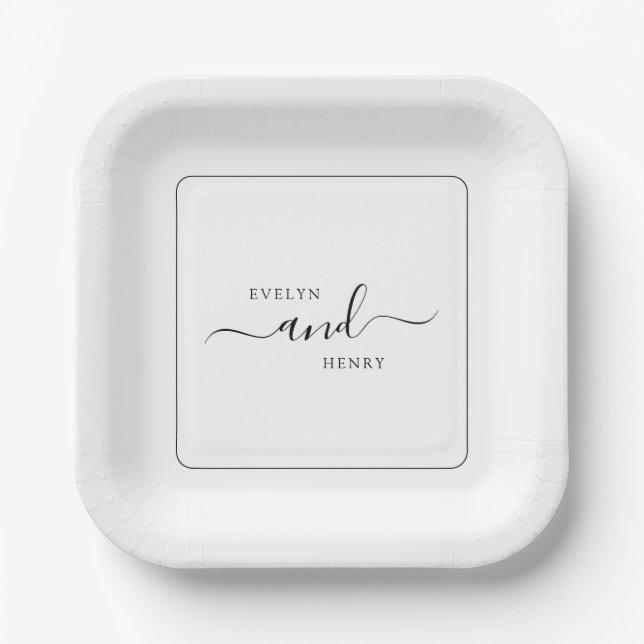 Chic Black and White Minimalistisch Wedding Pappteller (Vorderseite)