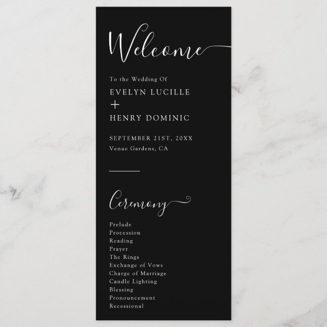 Chic Black and White Minimalistisch Wedding Zeremo Programm (Vorderseite)