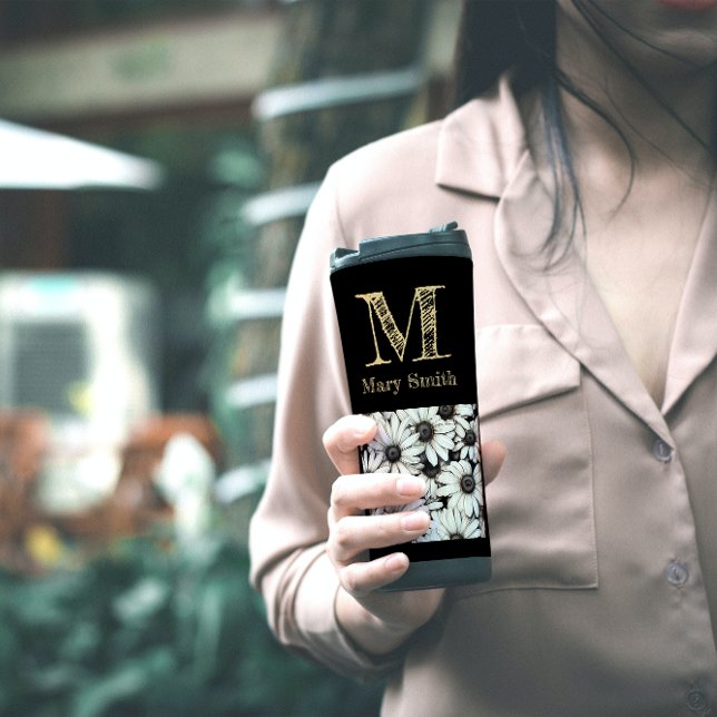 Chic Black and White Mit Monogramm Floral Minimali Thermosbecher (Von Creator hochgeladen)