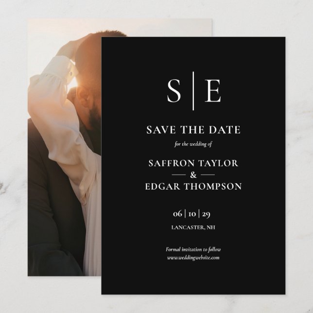 Chic Black and White Monogram Foto Wedding Save The Date (Vorne/Hinten)