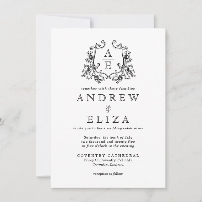 Chic Black and White Monogram Wappen Wedding Einladung (Vorderseite)