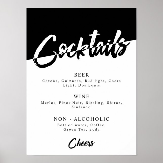 Chic Black and White Party Drink Menu Poster (Vorne)