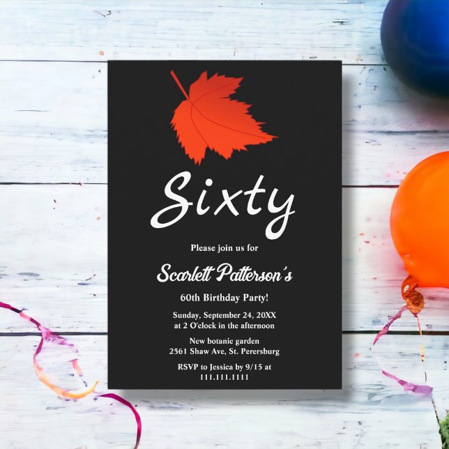Chic Black and White Red Blätter Herbst 60. Geburt Einladung (Von Creator hochgeladen)