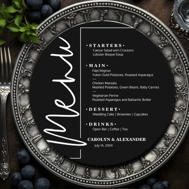 Chic Black and White Round Menükarte (Chic Black and White Round Menus)