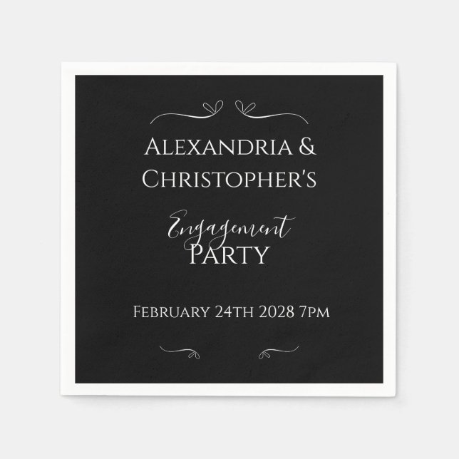 Chic Black and White Script Engagement Party Serviette (Vorderseite)