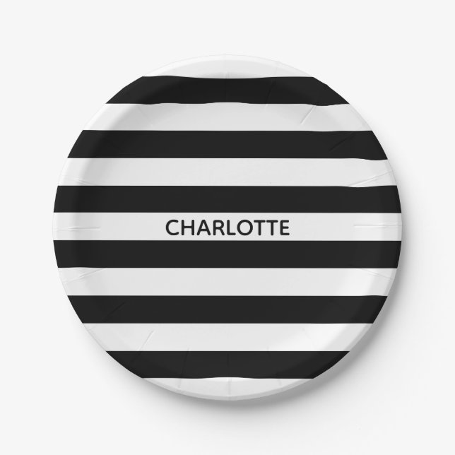 Chic Black and White Streifen individuelle Name Ge Pappteller (Vorderseite)
