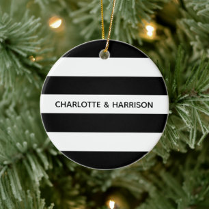 Chic black and white streifen individuelle Name mo Keramik Ornament