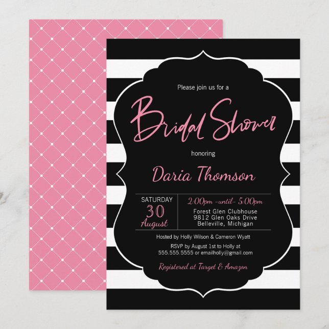 Chic Black and White Strip & Pink Brautparty Einladung (Vorne/Hinten)