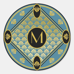 Chic Black & Aquamarin Art Deco Lüftermuster Monog Runder Aufkleber