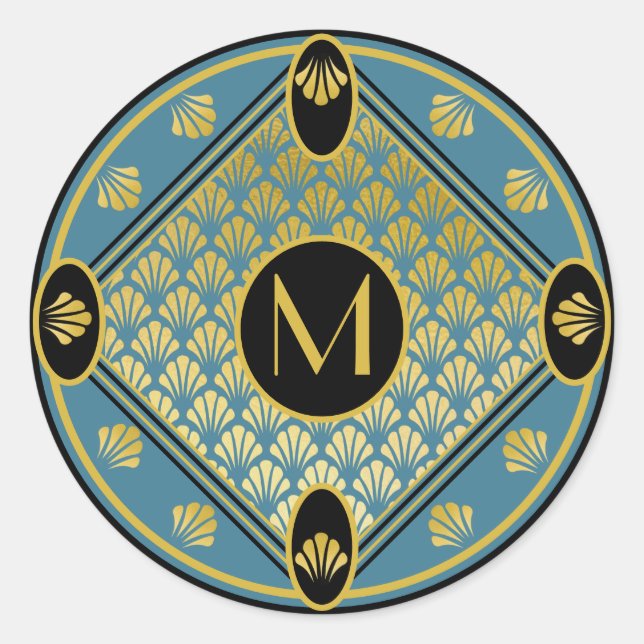 Chic Black & Aquamarin Art Deco Lüftermuster Monog Runder Aufkleber (Vorderseite)