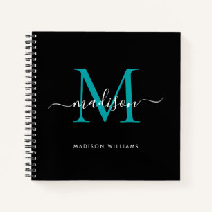 Chic Black Aquamarin Green Monogram Initial Script Notizbuch